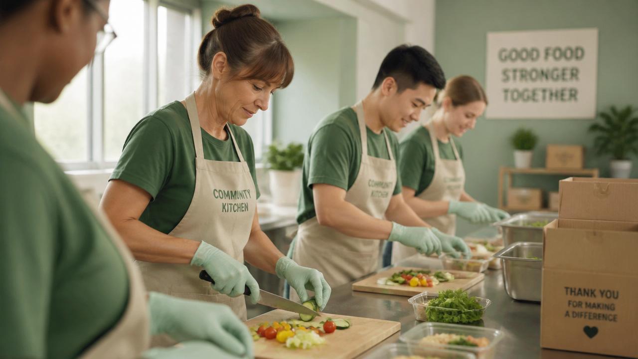 Volunteers preparing meals in a community kitchen